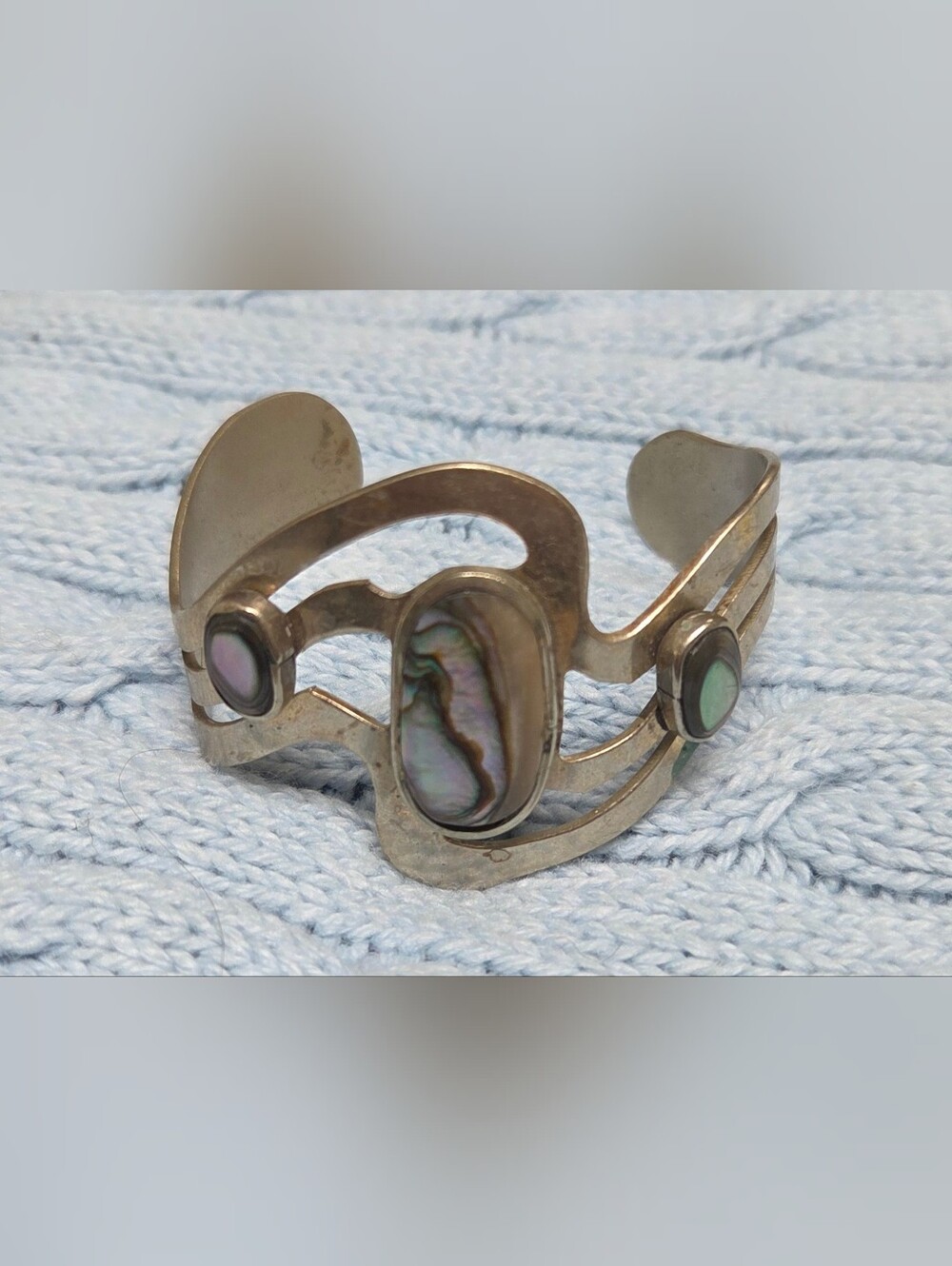 Vintage Alpaca Mexico Silver Abalone Cuff Bracelet Iridescent Green Shell